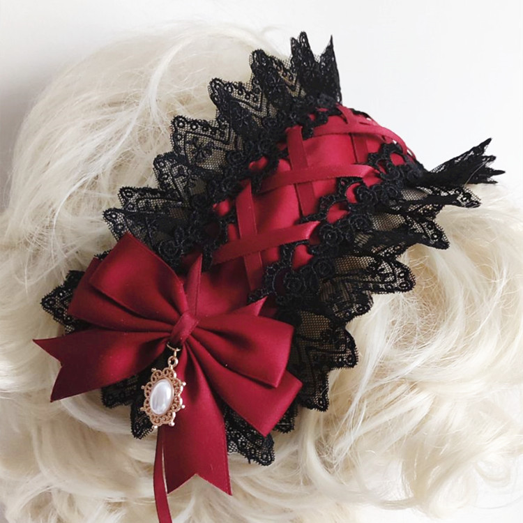 Anime Cosplay Girl With Black Hair - Red Dark Gothic Lolita Lace Hairband